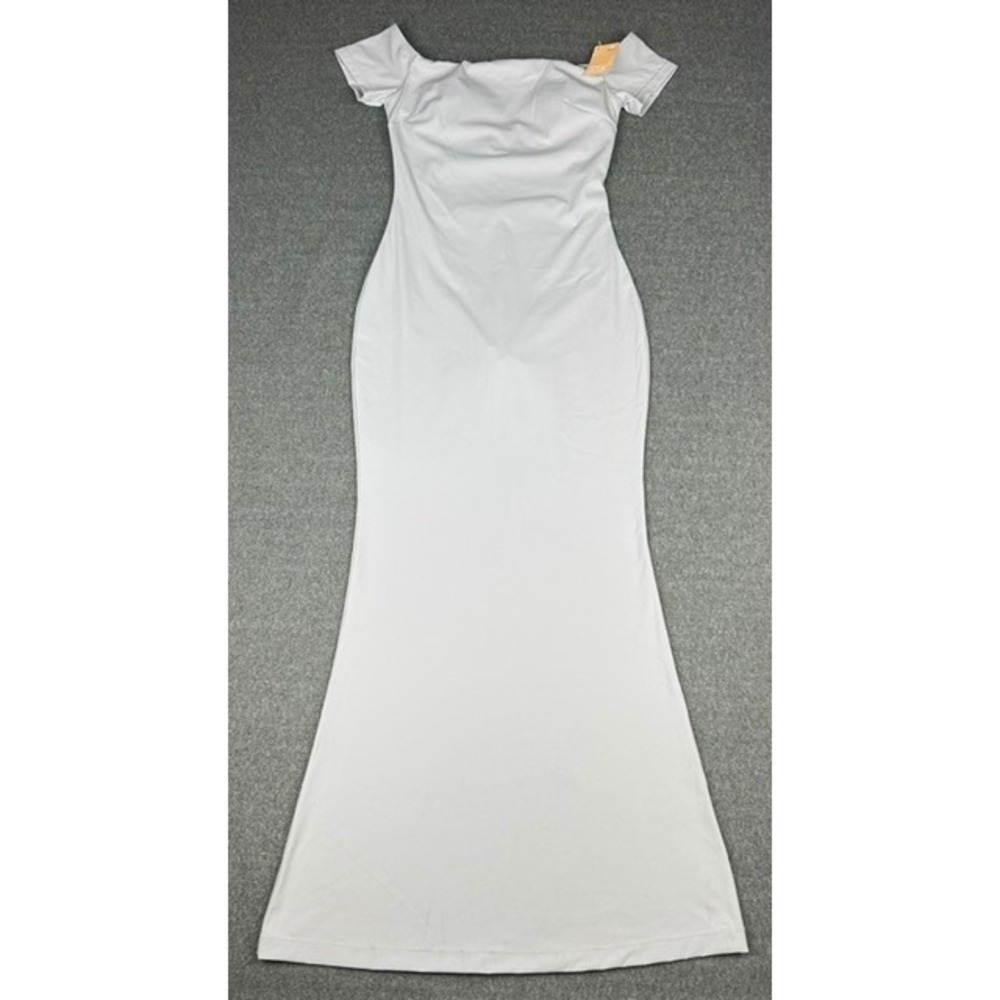 Popilush Built-in Shapewear Maxi Dress Gray Off Shoulder Mermaid Gown Small NWT